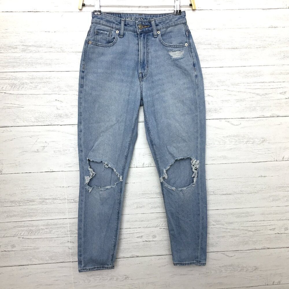 American Eagle Women's Mom Jeans Distressed Stretch size 000 length 26"